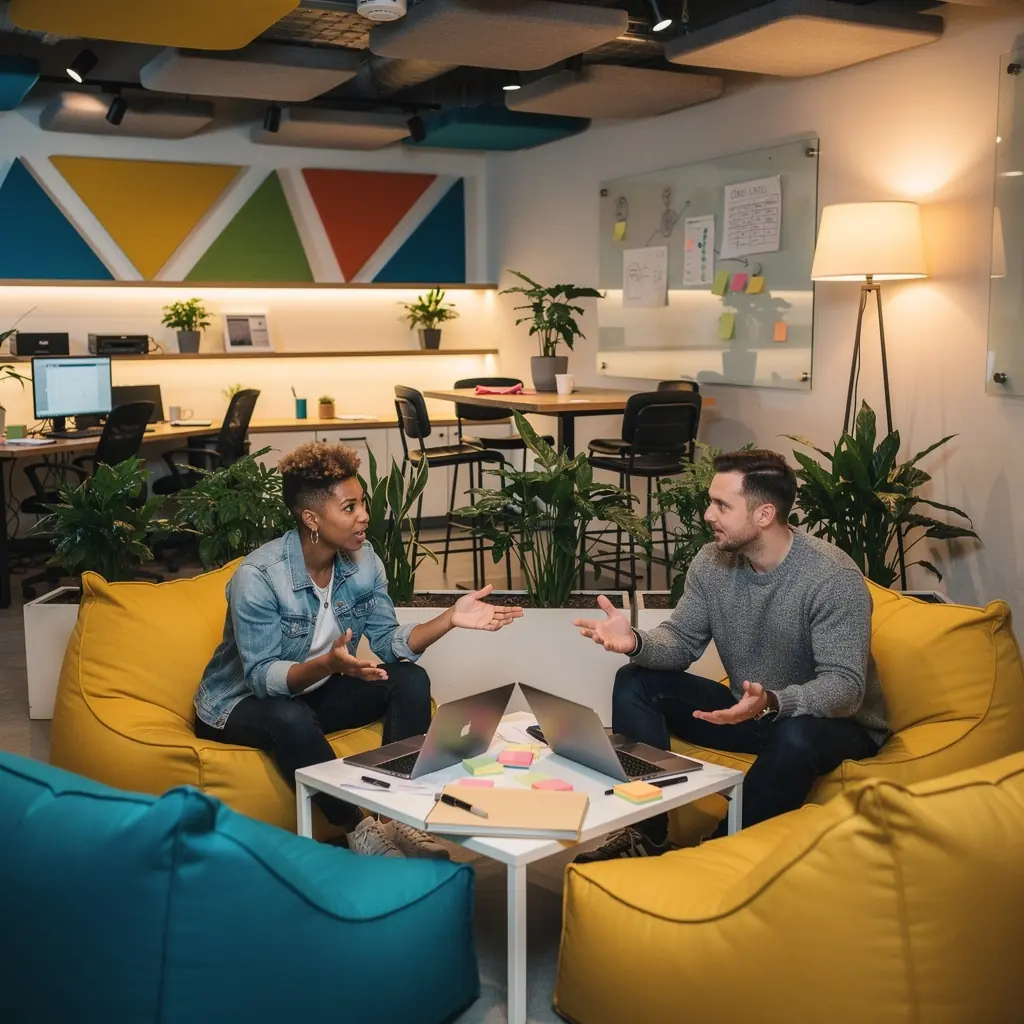 Стол с высоким уровнем организации, включающий системы хранения и освещение.