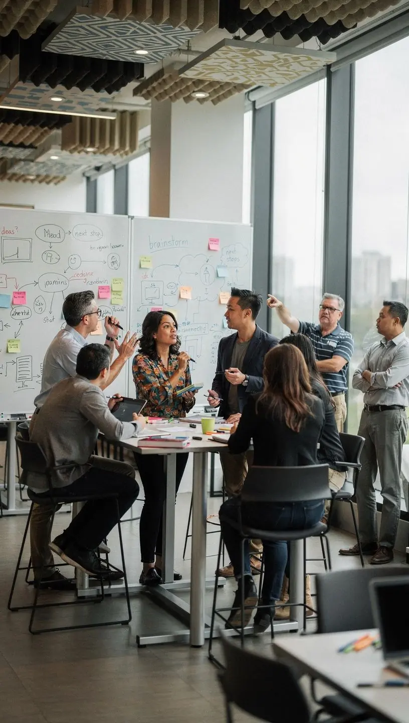 Зона для командной работы с акустическими панелями для снижения шума.