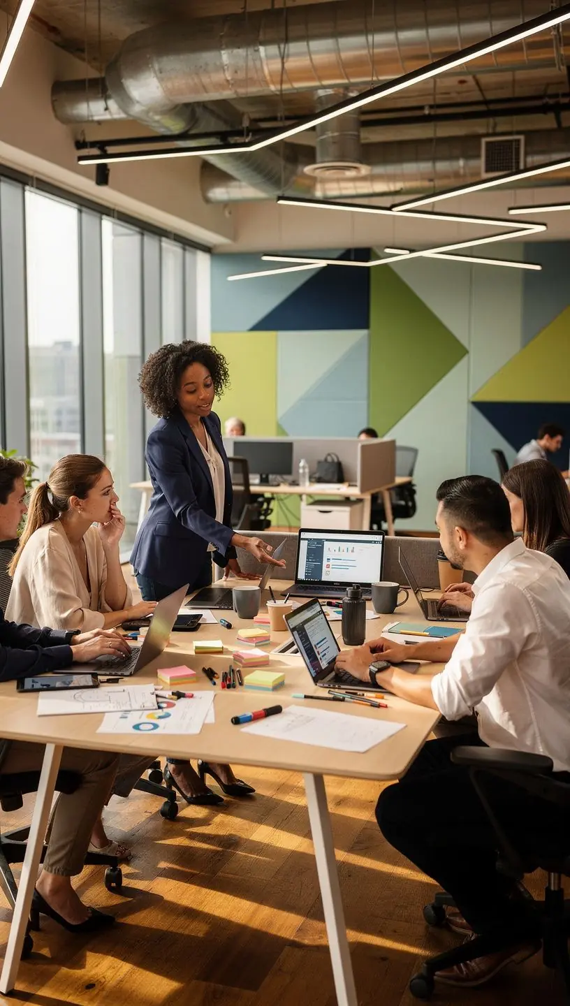 Стильный офисный интерьер с зелеными растениями, создающими комфортную атмосферу для работы.